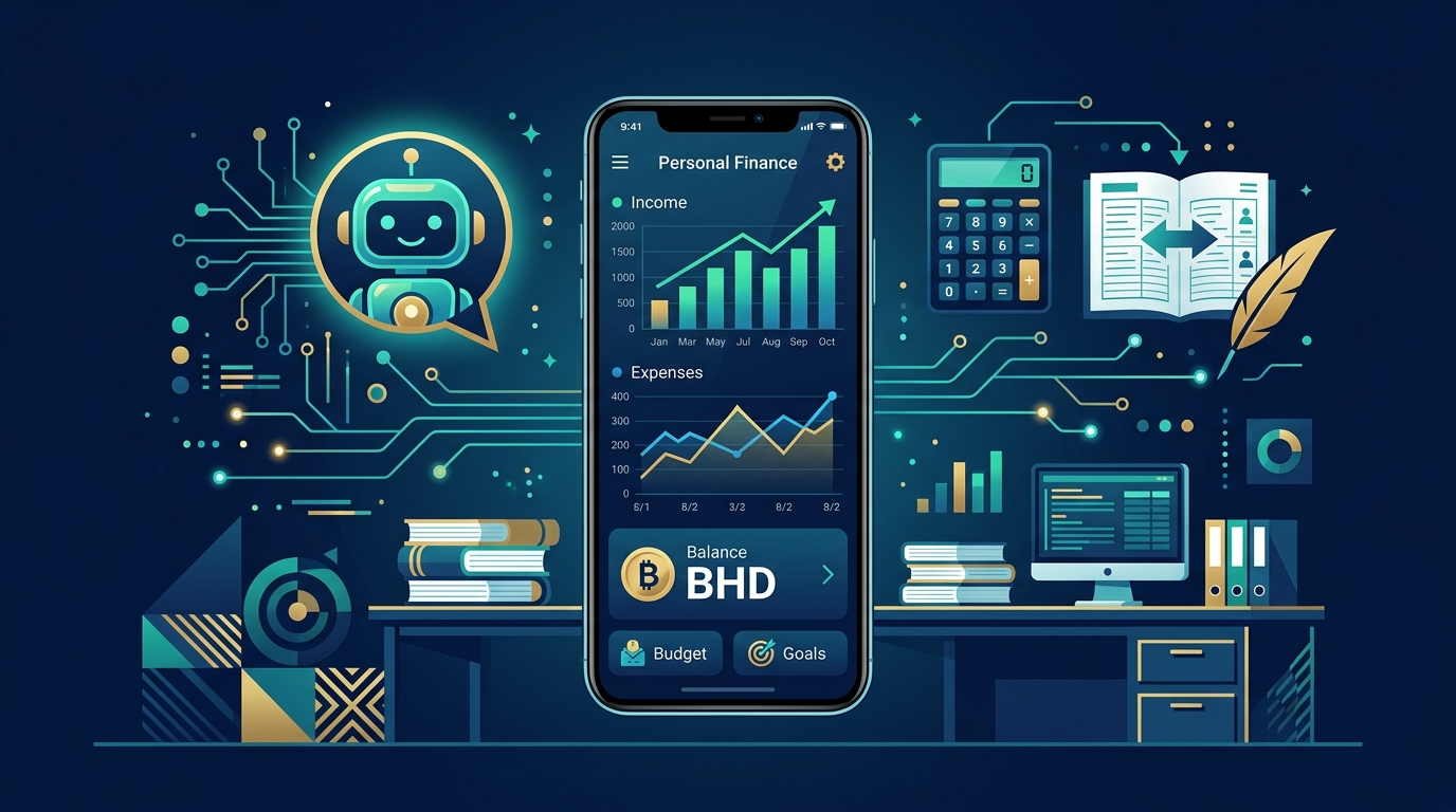 Illustration of an AI-built personal finance Android app showing income, expenses, balance, budget, and goals screens